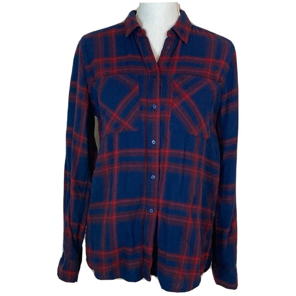 Express Navy and Red Boyfriend Plaid Shirt - Picture 3 of 8